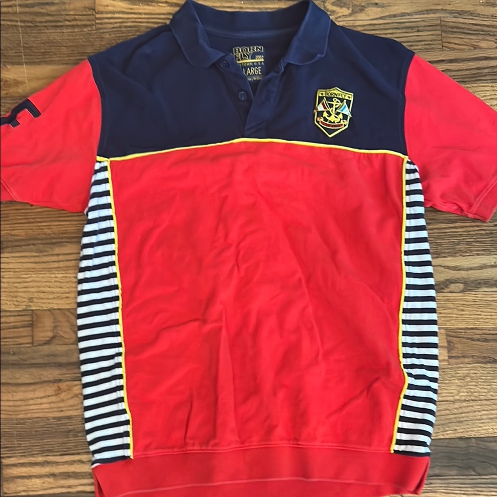 Red and Blue Polo Shirt with Crest and Striped Sleeves